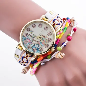 2017 Casual Fashion Flower Bike PU Leather Quartz Bracelet Wristwatches Wrist Watch Clock for Women Girls Students