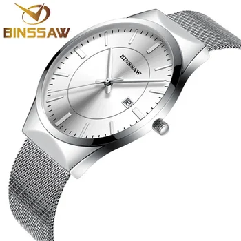 BINSSAW Ultra Thin Clock Luxury Brand Quartz Watch Men Business Wrist Watch Mesh Stainless Steel Male Fashion Watches relogio