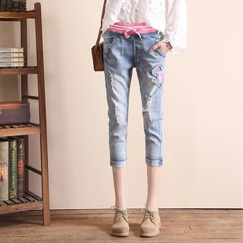 2017 New Embroidery Elastic High waist jeans woman slim Ripped jeans women Skinny Pants Pink Drawstring Calf-Length Hole fashion