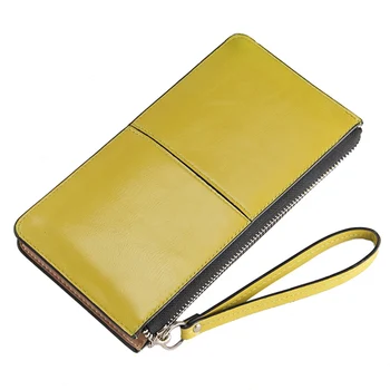 FGGS Hot Women Famous Brand Oil Wax Leather Zipper Clutch Wallet Burglar Robbed Purse Multi-function Phone Wallet Yellow