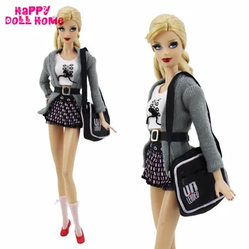 7 in 1 Handmade Outfit Fashion Costume Tops Coat Skirt Socks Belt Shoes Bag Accessories For Barbie Doll Clothes Kid Toy Gift