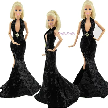 Fashion Sexy Black Paillette Fishtail Dress Party Gown Original Princess Clothes For Barbie Doll Accessories Gift
