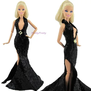 Fashion Sexy Black Paillette Fishtail Dress Party Gown Original Princess Clothes For Barbie Doll Accessories Gift