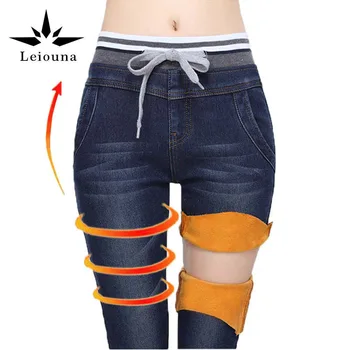 Leiouna 2017 New Cashmere Warm For Large Black With High Elastic Waist Female Winter Pencil Jeans Stretch Pants For Women
