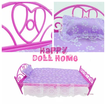 Mini Doll Bed Furniture 3 items(doll bed+pillow+bedsheet)  For Barbie Doll House Baby Toys Hot Selling
