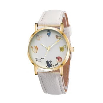 Cute Cat Pattern Women Fashion Watch 2017 Leather Band Analog Quartz Round Wrist Watch Ladies Clock Dress Watches relogio time