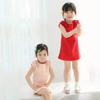 Child Twins Red Pink Sleeveless Sundress Dress Girls Dress Party Princess Dress Floral Dress 2-7 Years