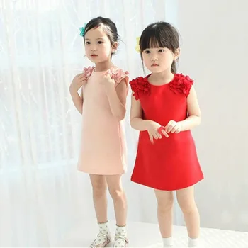 Child Twins Red Pink Sleeveless Sundress Dress Girls Dress Party Princess Dress Floral Dress 2-7 Years