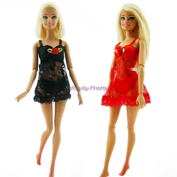 2 Sets Black+Red Sexy Pajamas Lingerie Nightwear Lace Night Dress + Bra + Underwear Clothes For Barbie DollSkirt Clothes