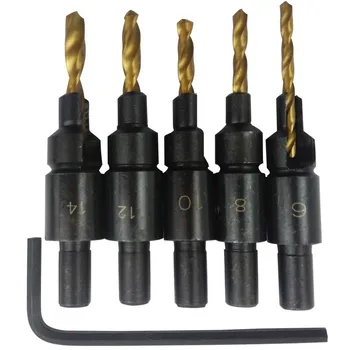 5Pcs Hss Woodworking Ti Countersink Drill Bit Set Wood Countersinks Screw Size #6 #8 #10 #12 #14 Tool Kits P0.16