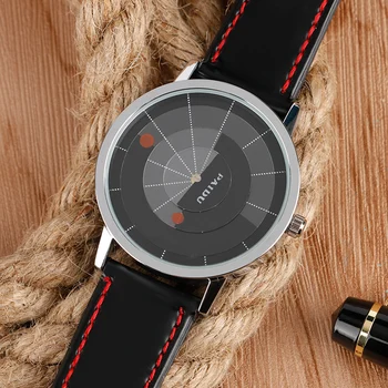 Casual Dial Quartz Watch Special Turntable Two Red Point Leather Band Strap Men Women Wrist Watch