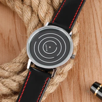 Casual Dial Quartz Watch Special Turntable Two Red Point Leather Band Strap Men Women Wrist Watch