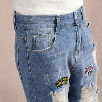 Slim Jeans For Women Winter Embroidery Patch Hole Jeans Female Ripped Ninth Pants Blue Denim Pencil Pants M042