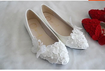 Flat heel wedding shoes for women, sweet new design Red white lace flowers ladies flat heel dance party shoe