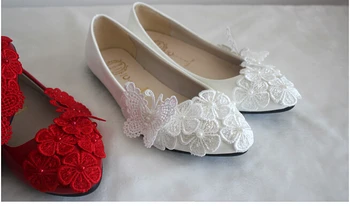 Flat heel wedding shoes for women, sweet new design Red white lace flowers ladies flat heel dance party shoe