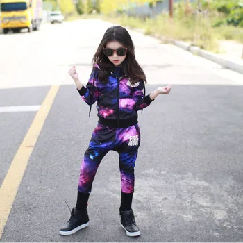 Foreign trade sales new spring 2017 children girls clothing fashion sports long sleeved hoodies starry sky two sets