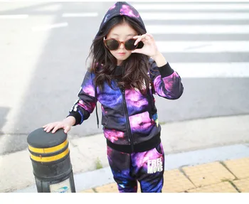 Foreign trade sales new spring 2017 children girls clothing fashion sports long sleeved hoodies starry sky two sets