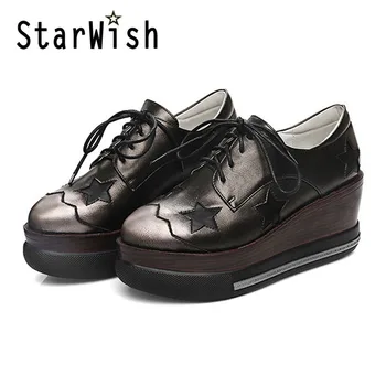 STARWISH Vintage England Style Platform Wedges Shoes For Women Fashion Star Lace Up Women Casual Wedges Size 34-42 Female Pumps