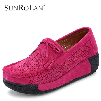 SUNROLAN Summer Women Flat Platform Shoes Fashion Bow Suede Driving Moccasins Slip On Tassel Loafers Women Shape Up Shoes XL1319