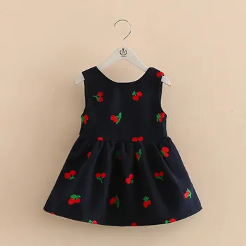 Toddler Girls Dress Printed Cherry A-Line Sleeveless Princess Dress Autumn Winter England Style Children Clothing