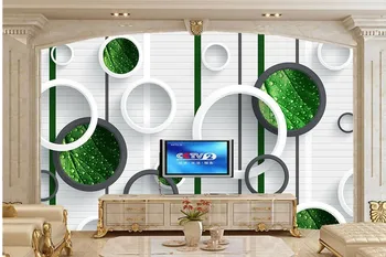 Large murals,Phantom green leaves with drops of water circle 3D wallpaper,living room TV sofa wall bedroom modern wallpaper