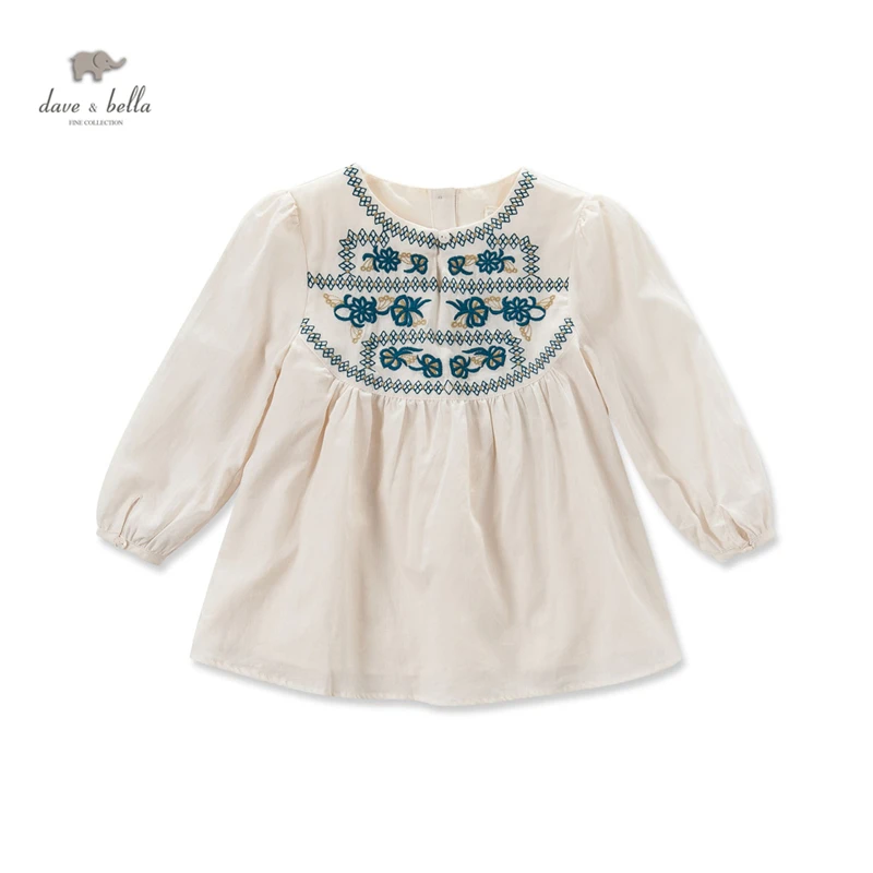 DK0429 dave bella autumn baby girls embroidery blouses girls apricot national ethnic style t-shirt girs top