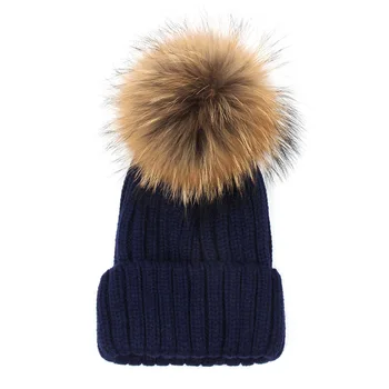 2016 Winter Autumn Fashion Women Knitted Beanies Caps Real Raccoon Fur Pompom Beanie Hats Warm Ladies Caps CP026