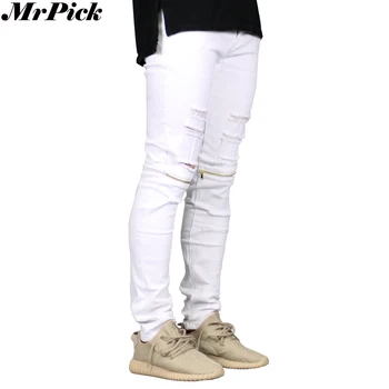 2017 Spandex Elastic Stretch Men Knee Zipper Jeans Fashion Casual Hole Ripped Destroyed Skinny Pencil Jeans