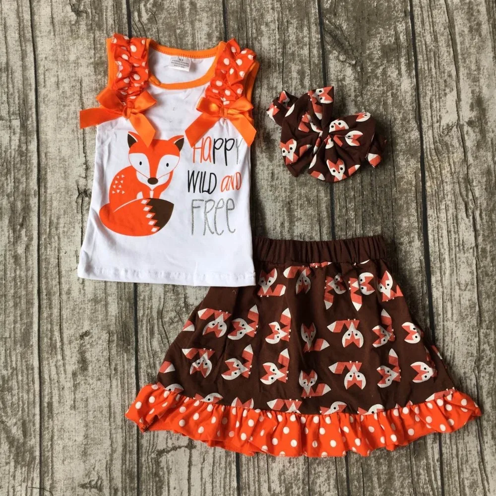 Girls children fox shorts sets girls summer boutique outifts with skirts happy wild and free set baby girl clothes with headband