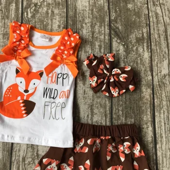 Girls children fox shorts sets girls summer boutique outifts with skirts happy wild and free set baby girl clothes with headband