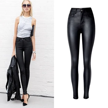 2017 New Hot Eu Models Women Sexy Slim PU Pockets Leather Pencil Pants Motor Style All-Match Fleece Trousers Slim Faux Leather