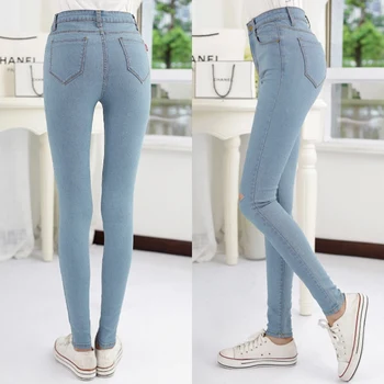 DesignerJeans Womens Fashion Female Denim Hollow Out Strech Blue Black Skinny High Waist Denim Pencil Pants Plus Size