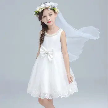 Princess Dress Girl Lace Pearls Dresses for Wedding Party Children Clothing with Bow Kids Girl Clothes 2017 Sale
