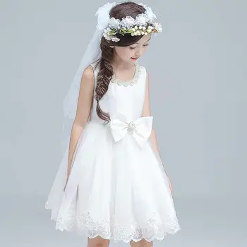 Princess Dress Girl Lace Pearls Dresses for Wedding Party Children Clothing with Bow Kids Girl Clothes 2017 Sale