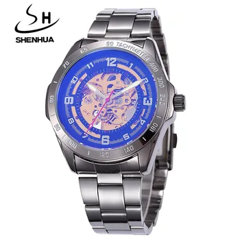 Luxury Men Automatic Mechanical Watches Brand SHENHUA Alloy Blating Black Skeleton Self Wind Wrist Watch Waterproof