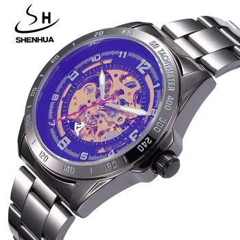 Luxury Men Automatic Mechanical Watches Brand SHENHUA Alloy Blating Black Skeleton Self Wind Wrist Watch Waterproof