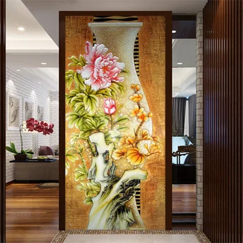 Custom large mural painting the living room entrance hallway wall 3D wallpaper background 3D wallpaper Peony Chinese vase