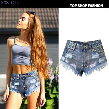 ROSICIL denim shorts women sexy punk embroidery streetwear skinny tassels ripped jeans fitness shorts cotton blue TPS6612#