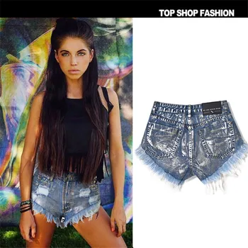 ROSICIL denim shorts women sexy punk embroidery streetwear skinny tassels ripped jeans fitness shorts cotton blue TPS6612#
