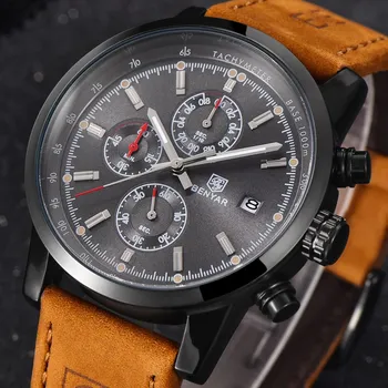 BENYAR Men Military Sport Luminous Wristwatch Chronograph Leather Quartz Watch relogio masculino Mens Watches Top Brand Luxury