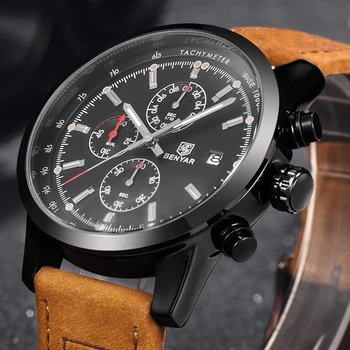 BENYAR Men Military Sport Luminous Wristwatch Chronograph Leather Quartz Watch relogio masculino Mens Watches Top Brand Luxury
