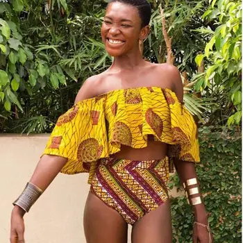 African print high waisted bikini off shoulder swimsuit women printed high waist swimwear African swimming suit