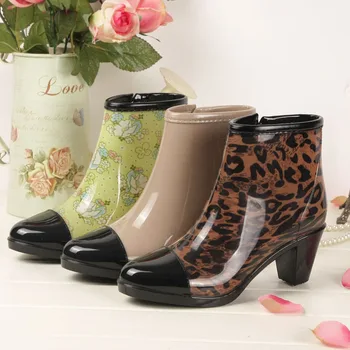 Ankle Rain Boot Woman Beige Leopard Short Water Shoes Rainboots Rubber Boots Point Toe With Zipper