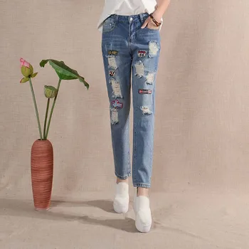 Embroidery applique hole jeans female summer bf loose plus size ankle length women's jeans