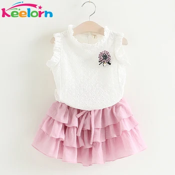 Keelorn Kids Clothing Sets 2017 Brand Summer Style Girls Clothing Sets Sleeveless White T-shirt+Pleated skirt Kids Clothes