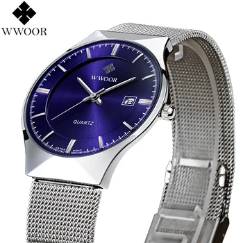 New Fashion top luxury brand WWOOR watches men quartz-watch stainless steel mesh strap ultra thin dial clock relogio masculino