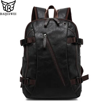 BAIJIAWEI Mix Oxhide Leather Backpack Mix Cow Leather Men's Casual Backpack & Travel Bags College Style Bag Mochila Zip