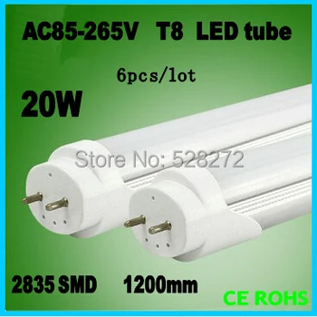 6pcs/lot led tube t8 1200mm 20W AC100-240V Top quality led bulbs tubes 96pcs SMD2835 Epistar Chip CE&ROHS 3-year warranty