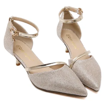 New fashion 2017 pointed toe pumps women silver stilettos heels shoes ankle tie low heel pumps gold wedding shoes women