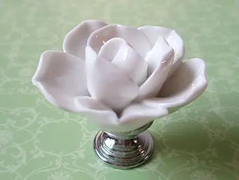 White Flower Knob Dresser Knobs Drawer Knob Pulls Handles Silver / Kitchen Cabinet Knobs Pull Handle Ceramic Rustic Rose Lotus